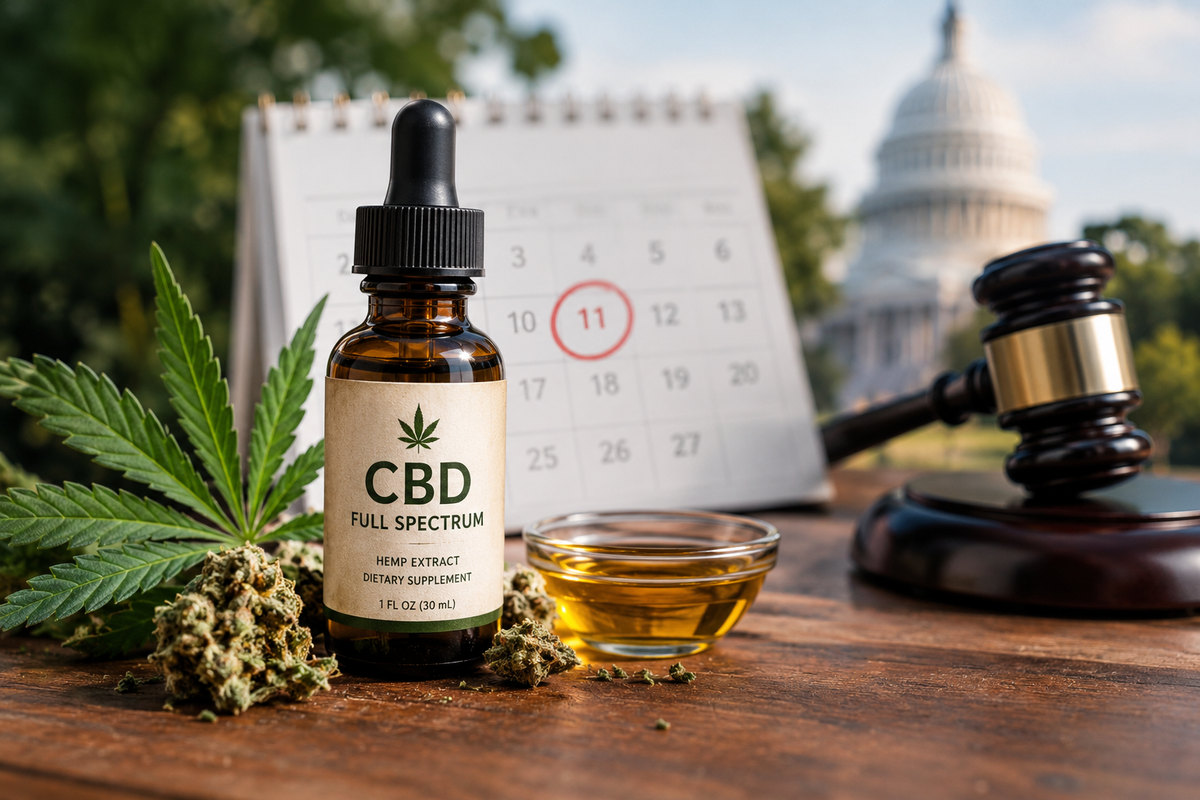 Full-spectrum CBD oil bottle beside a calendar marking the 11th, hemp leaves, and a judge’s gavel, representing upcoming changes to CBD legality after December 11.