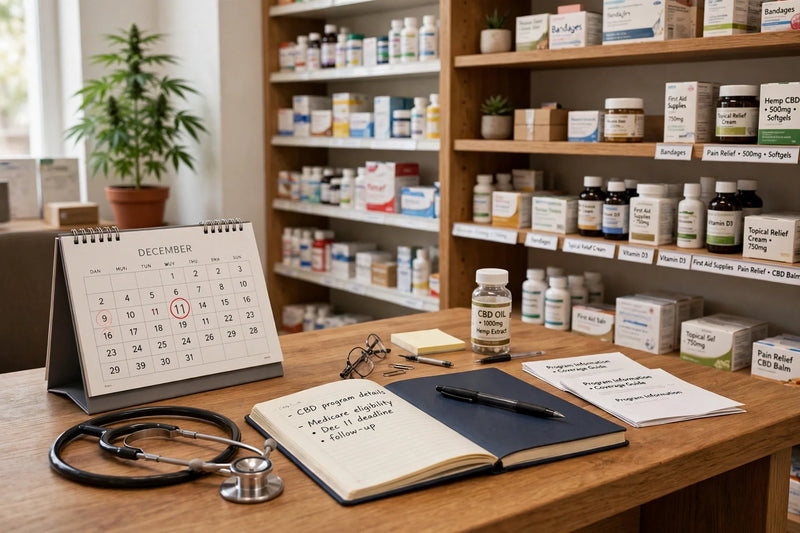 Pharmacy desk with a December calendar circled on the 11th, an open notebook about CBD program details and Medicare eligibility, a stethoscope and a bottle of hemp CBD oil, with pharmacy shelves and a potted hemp plant in the background