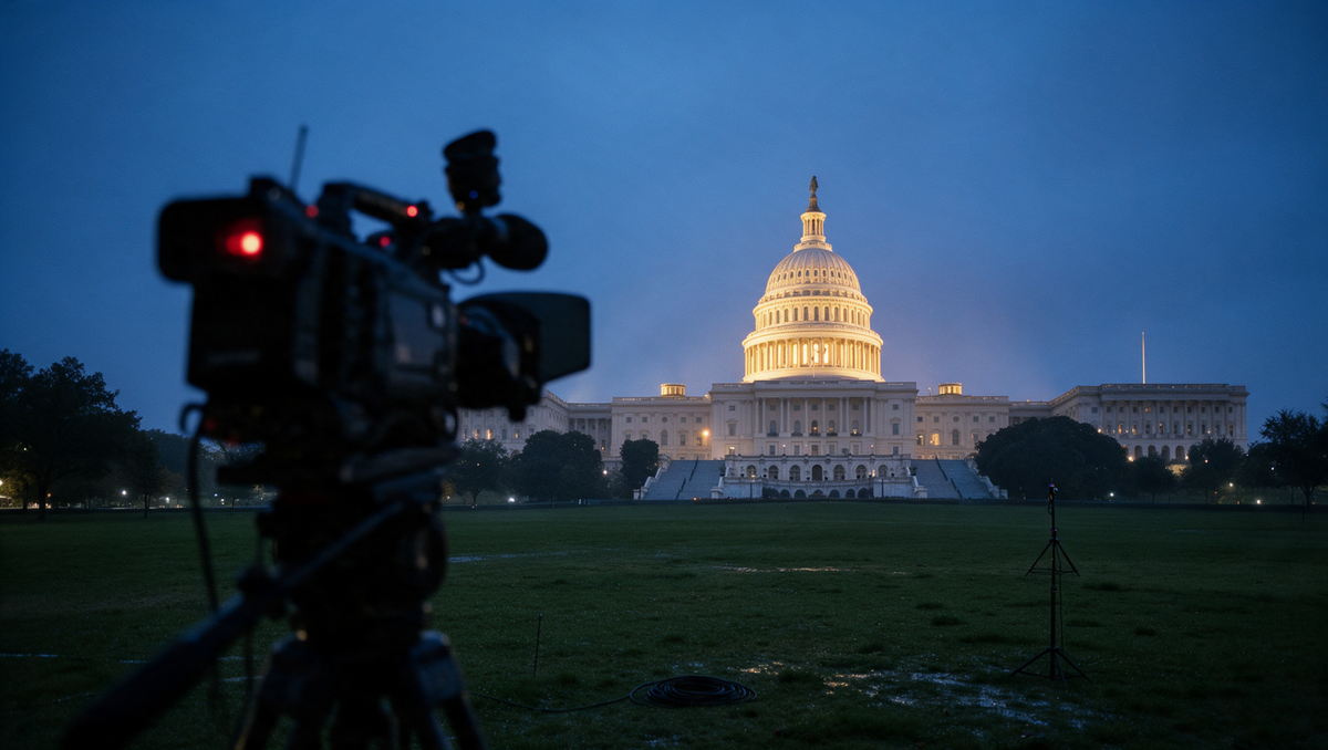 A TV camera on a tripod aimed at the lit U.S. Capitol dome at dusk, with no one behind it