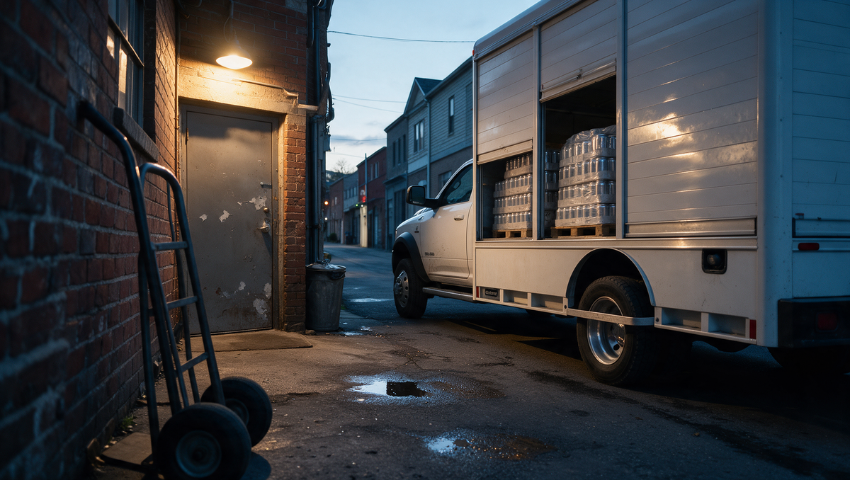 A white beverage delivery truck with one roll-up bay open and stacked cases of cans, parked in a dawn alley past a small shop's closed back door and an empty hand truck