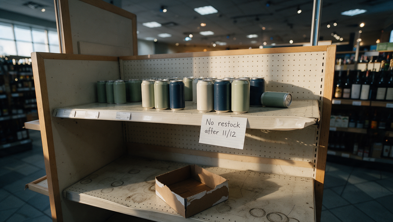 A nearly empty liquor store shelf with a few unlabeled seltzer cans and a handwritten note reading No restock after 11/12