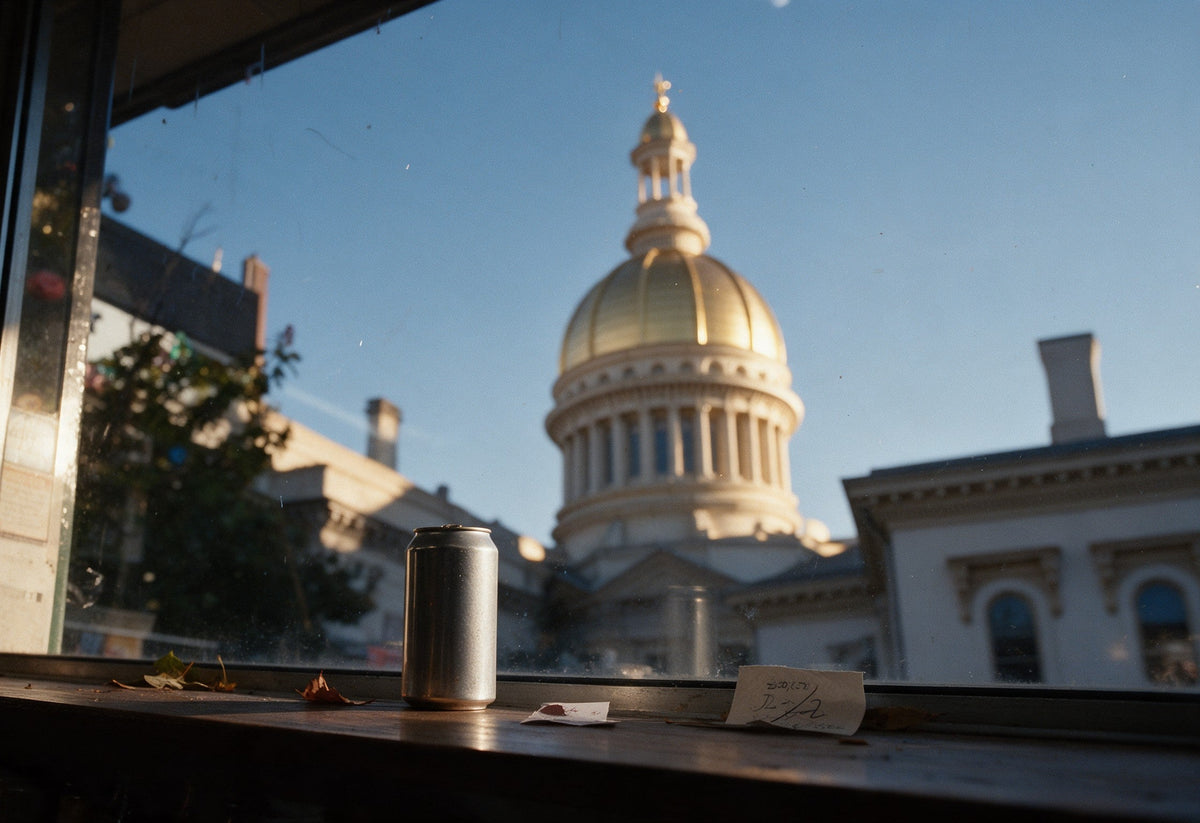 The gold dome of the New Jersey State House in Trenton seen through a shop window at sunrise, with a plain silver can and a handwritten tag on the ledge