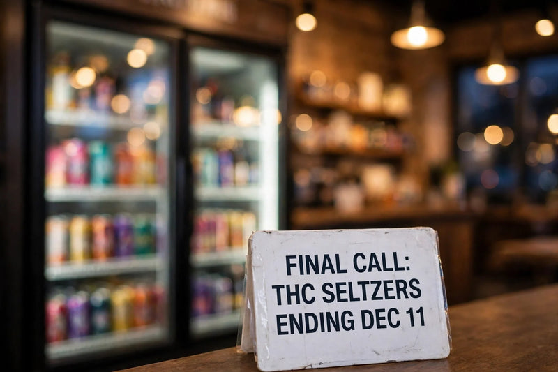 A sign reading Final Call: THC Seltzers Ending Dec 11 on a shop counter, with a blurred drinks fridge full of colourful seltzer cans behind it.